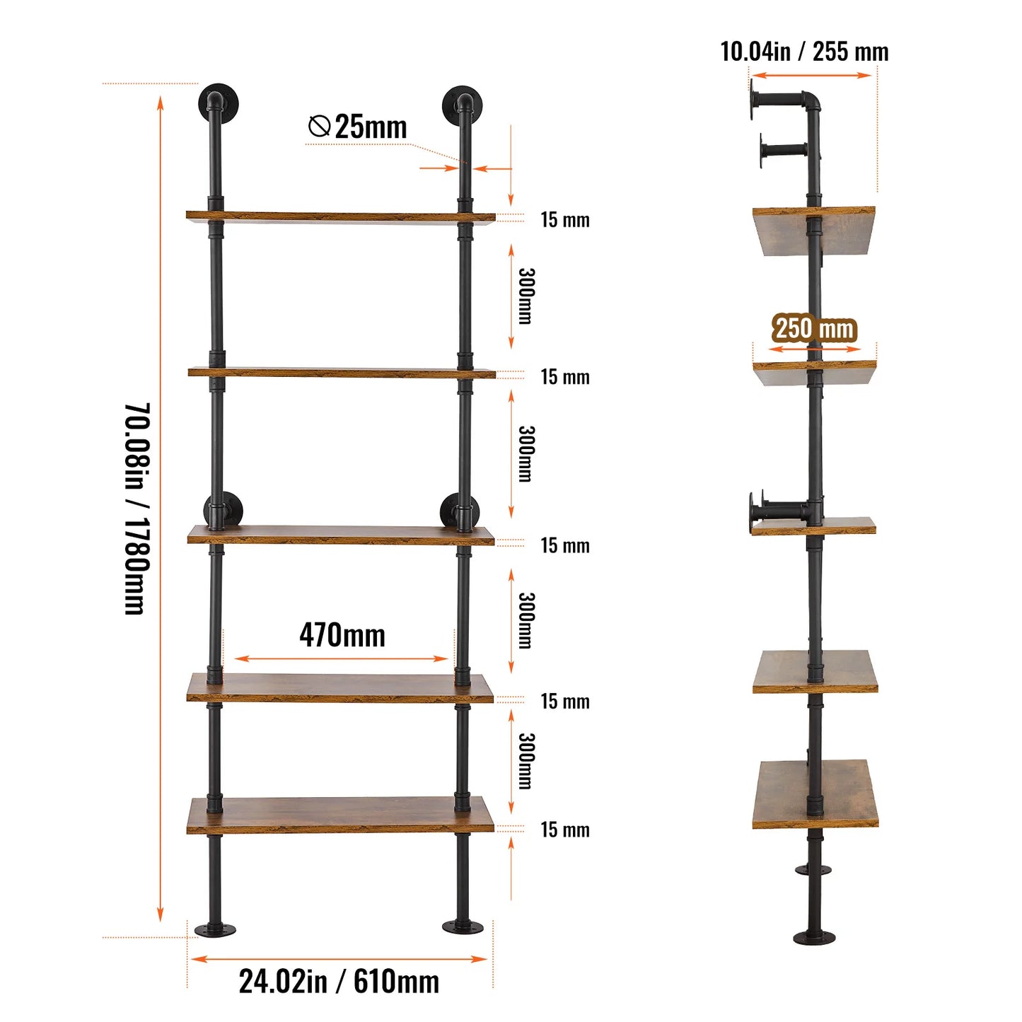 **Industrial Pipe Shelf / Wall-Mount Floating / Rustic Wood Shelves / Bracket Storage Rack for Kitchen Bedroom