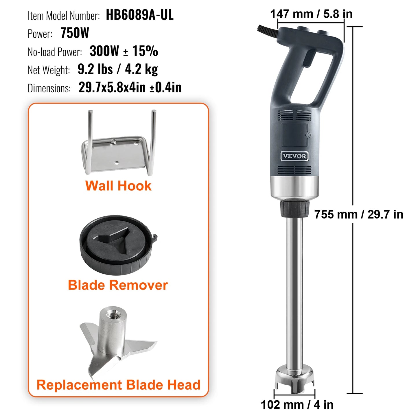 16" Commercial Immersion Blender /  Heavy Duty Commercial Hand Mixer /  Multi-Purpose Portable Commercial Mixer for Soup, Smoothie, Puree Baby Food