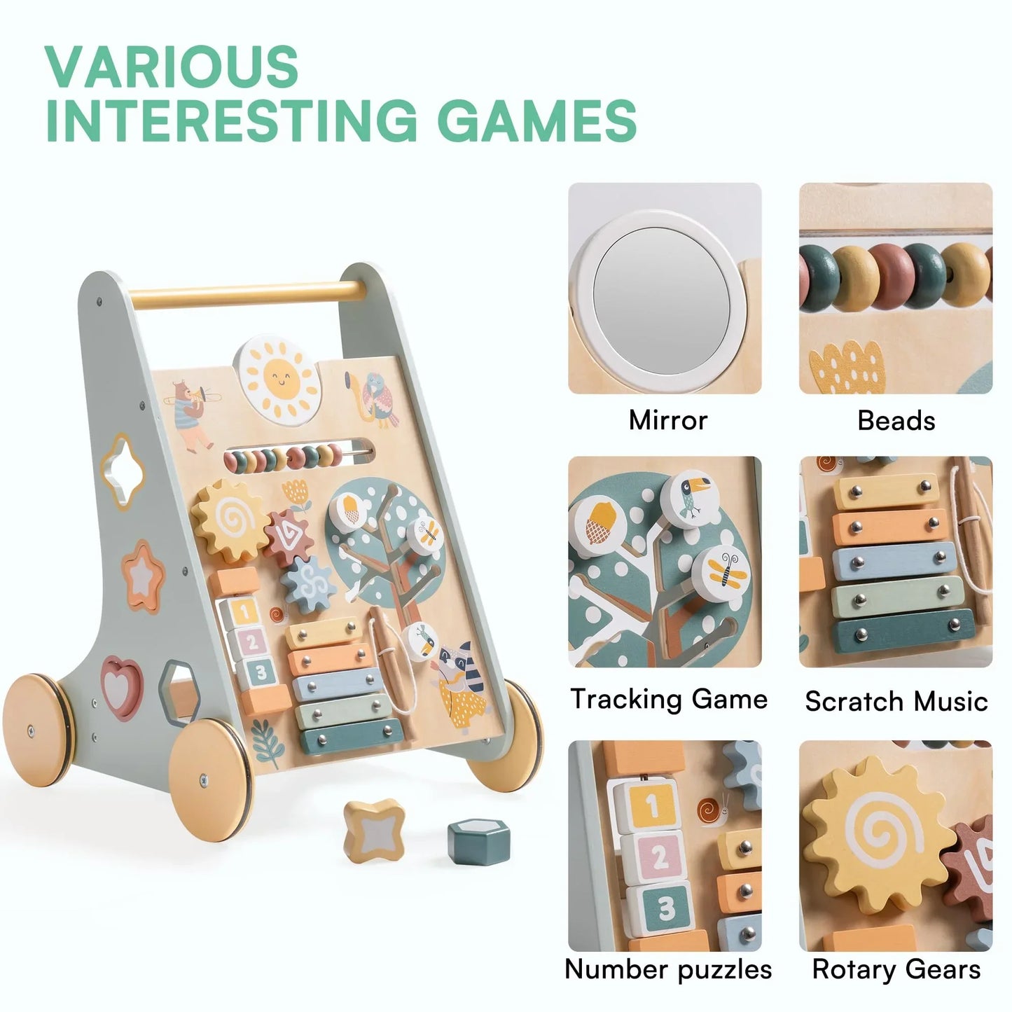 Wooden Baby Walker with Wheels / Montessori Push Toy for Babies Learning to Walk / Baby Walker Activity Center