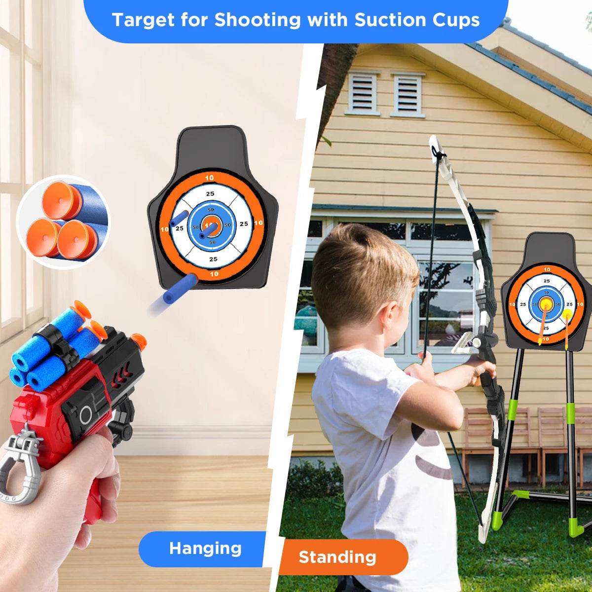 2X Bow & Arrows +  2 Foam Dart Guns / Toys For Kids / Suction Cup / Skill Building / Archery Stand / Target Board / Indoor Outdoor Game / Unisex Christmas Gift