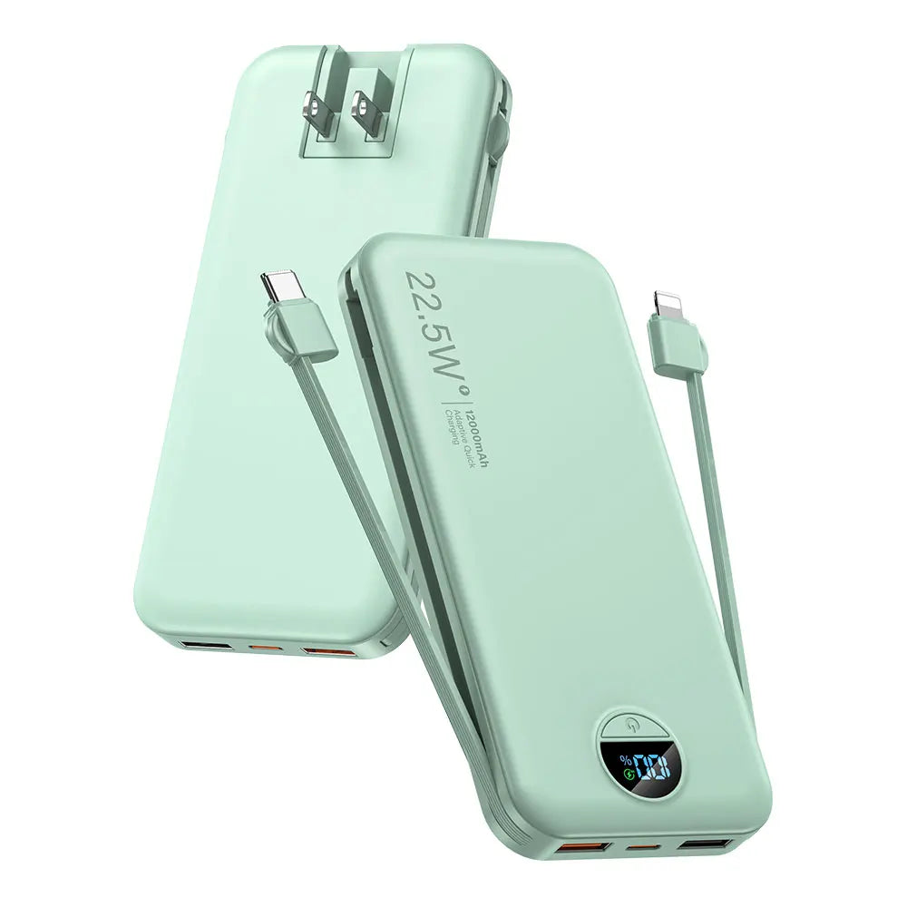 Ultra-Thin 12000mAh AC Wall Charger Power Bank with Built-in Cables / USB-C Fast Charging / Digital Display / Essential for Travel