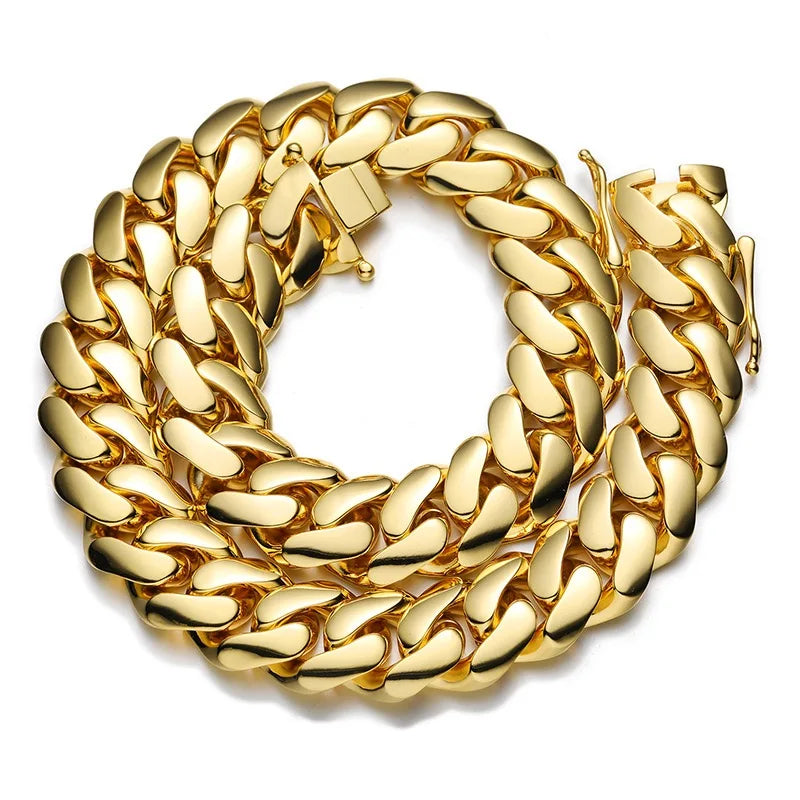 **8-22mm Hip Hop Bling / Gold Color Stainless Steel / Dense Cuban Miami Link Chain Necklaces / 18k Gold-plated Jewelry