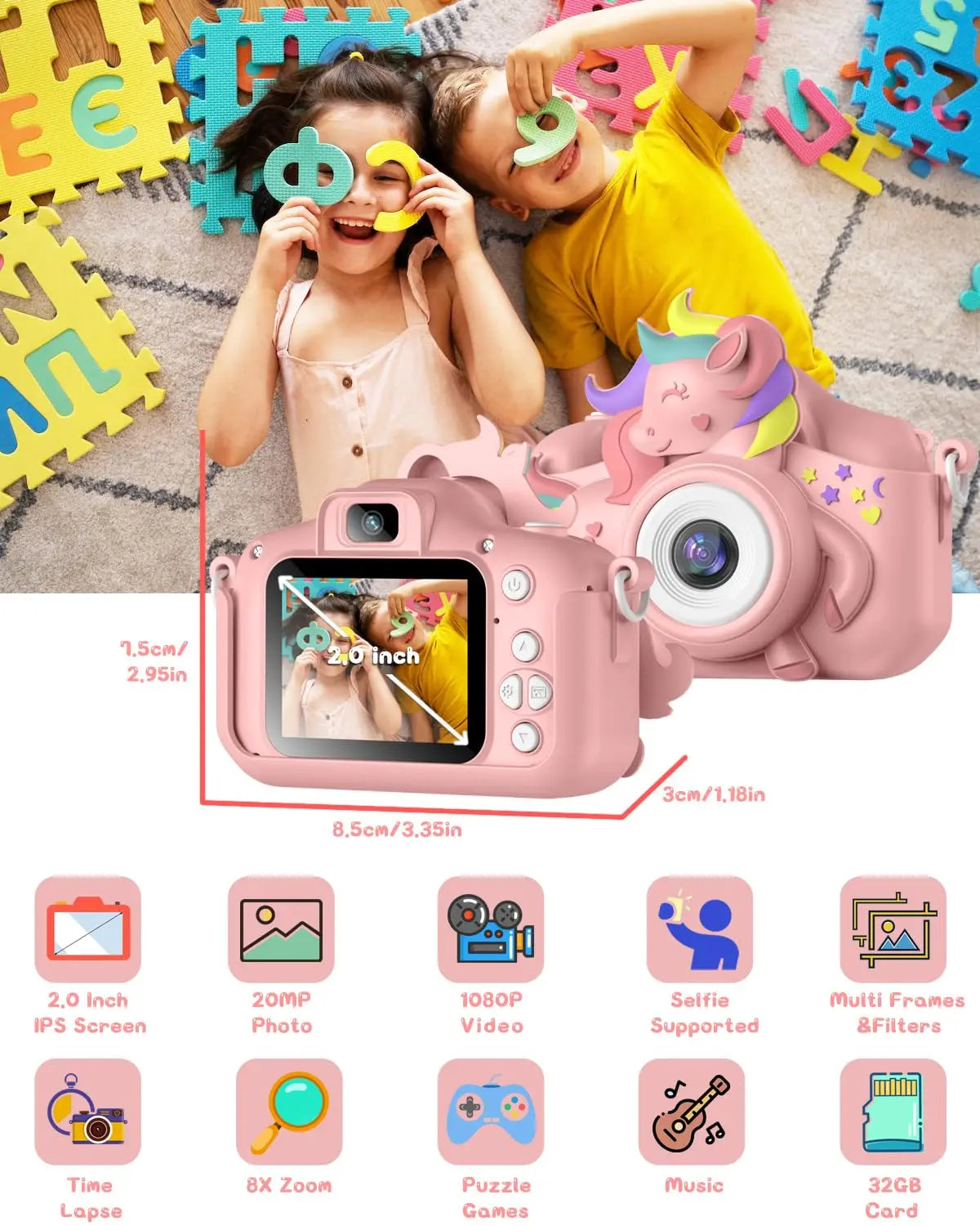 2.0" Kid's Camera 20MP 1080P HD  / Toddle Selfie Camera / Cute Cartoon Digital Camera Toy / 32GB Card  /  Rechargeable /  Gift For Girls & Boys