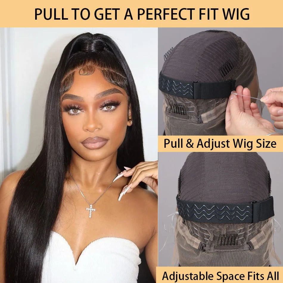 Invisi-Strap 360 Glueless Full Lace Front Wigs / Human Hair / HD Straight / 13x4 Lace Frontal Wig / Pre=Plucked Drawstring Wig for Women