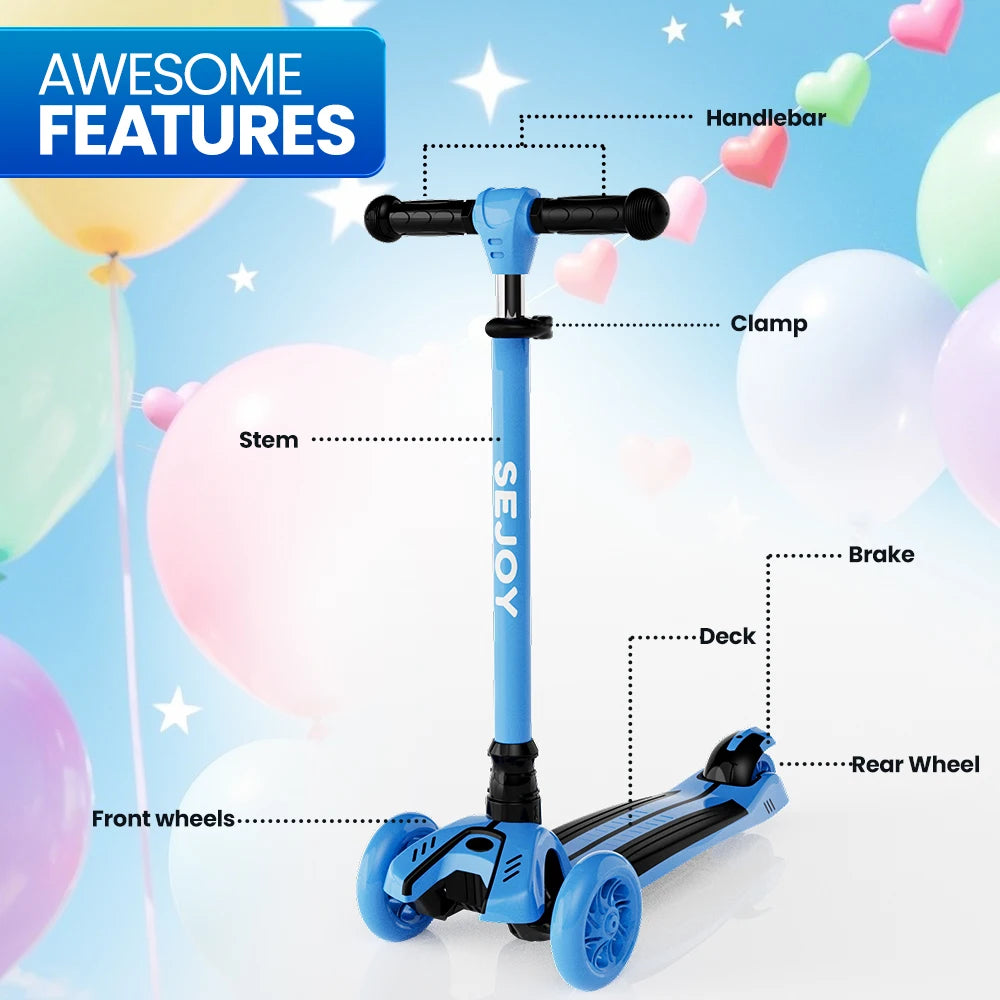 Toddler Kick Scooter /  Children's'  Fold-down-Seat Balance Scooter /  Adjustable Height/Handlebars /  Balance Scooter / Illuminated Wheels /  Ages 3-12