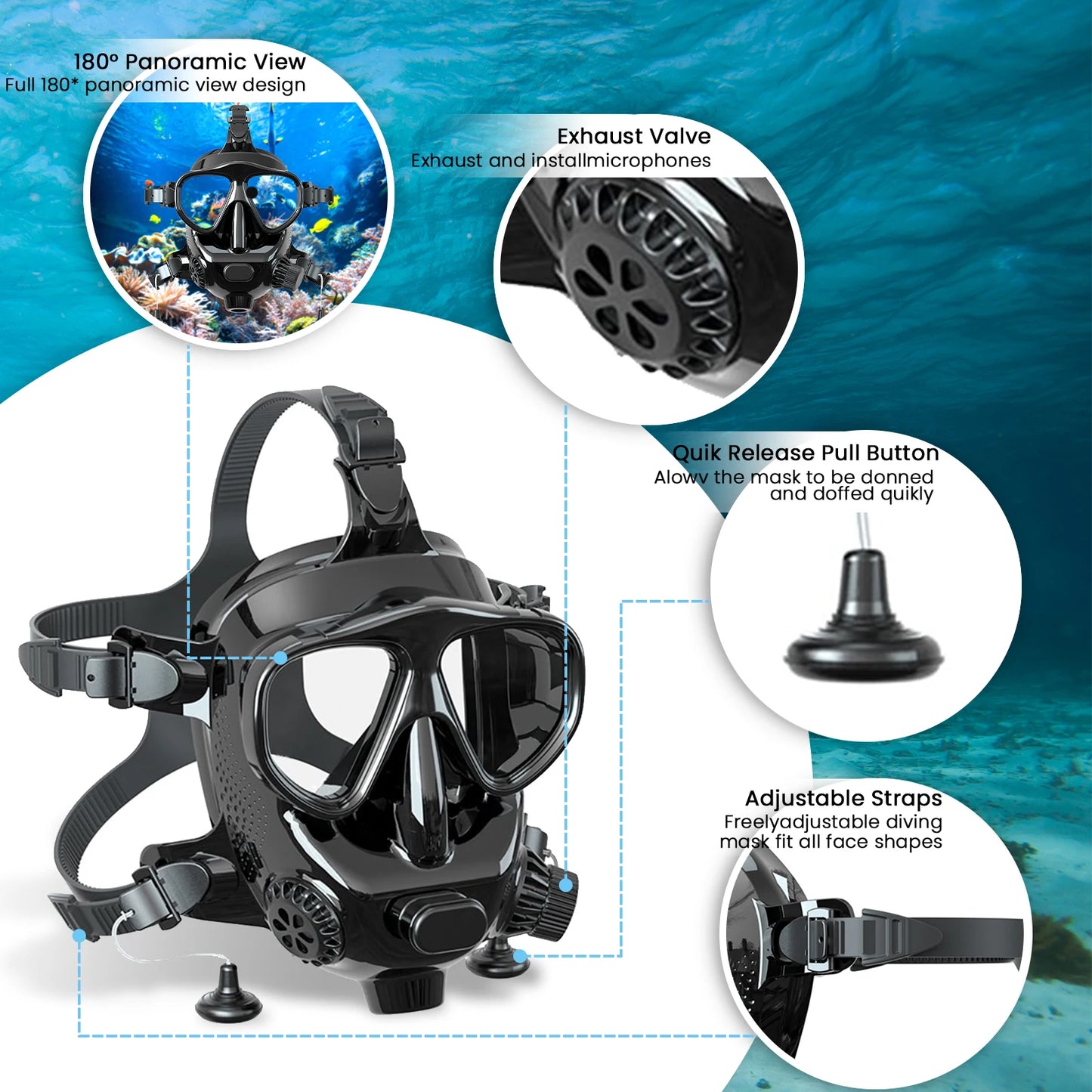 Full Face Diving Mask with Camera Mount  /  Full Face Snorkel Mask for Adults /  Compatible 1L/2L Scuba Diving Tank