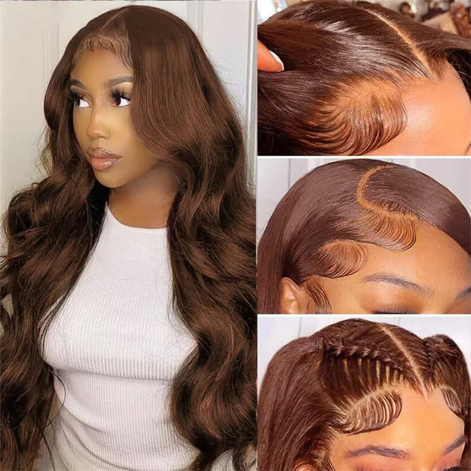**30 Inch Chocolate Brown Body Wave 13x4 HD Lace Front Human Hair Wig / Pre Plucked Brown Transparent Lace Frontal Wigs For Women