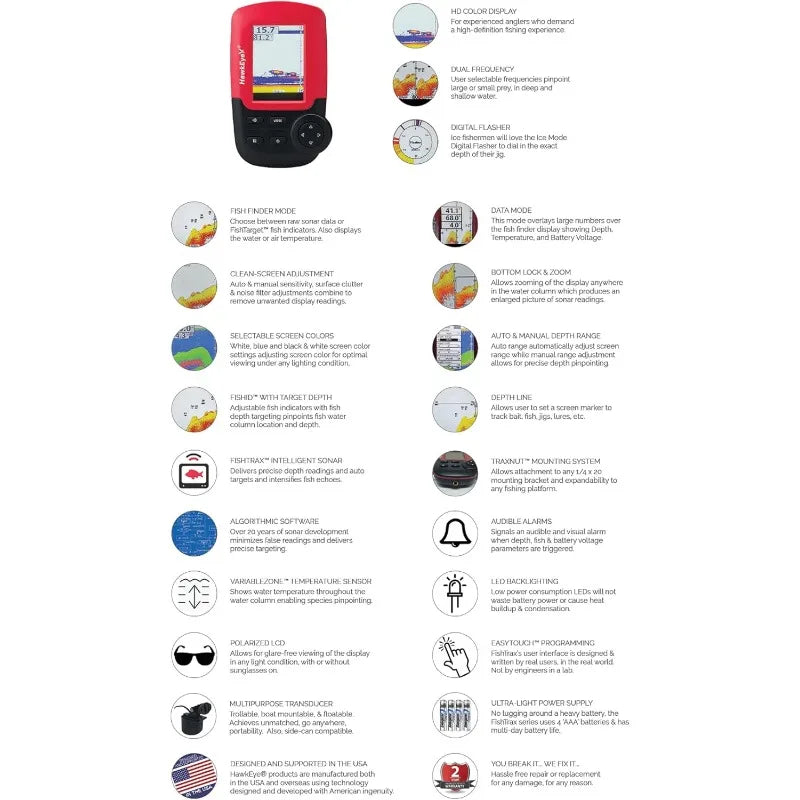 Fish Finder with HD Color Virtuview Display /   Black/Red  /  2" H x 1.6" W Screen Size