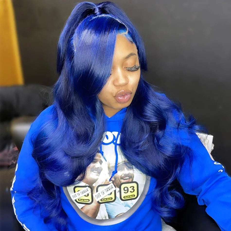 **Navy Blue 13x4 Lace Front Body Wave Human Hair Wigs / Brazilian Blue Colored / Transparent Lace Front Wigs For Women / Pre Plucked