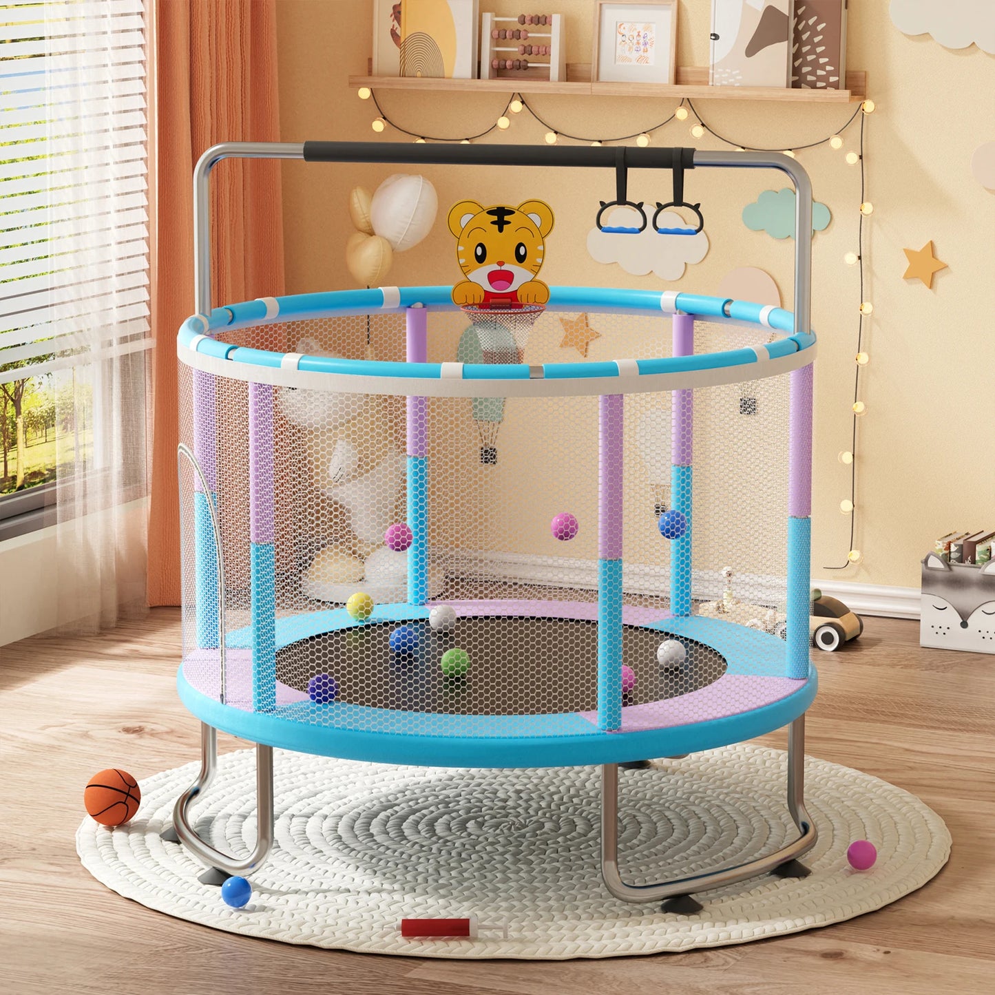 5FT Kids Trampoline, Adjustable Baby Toddler Trampoline with Basketball Hoop, Swing, Sandbag, Ocean Balls