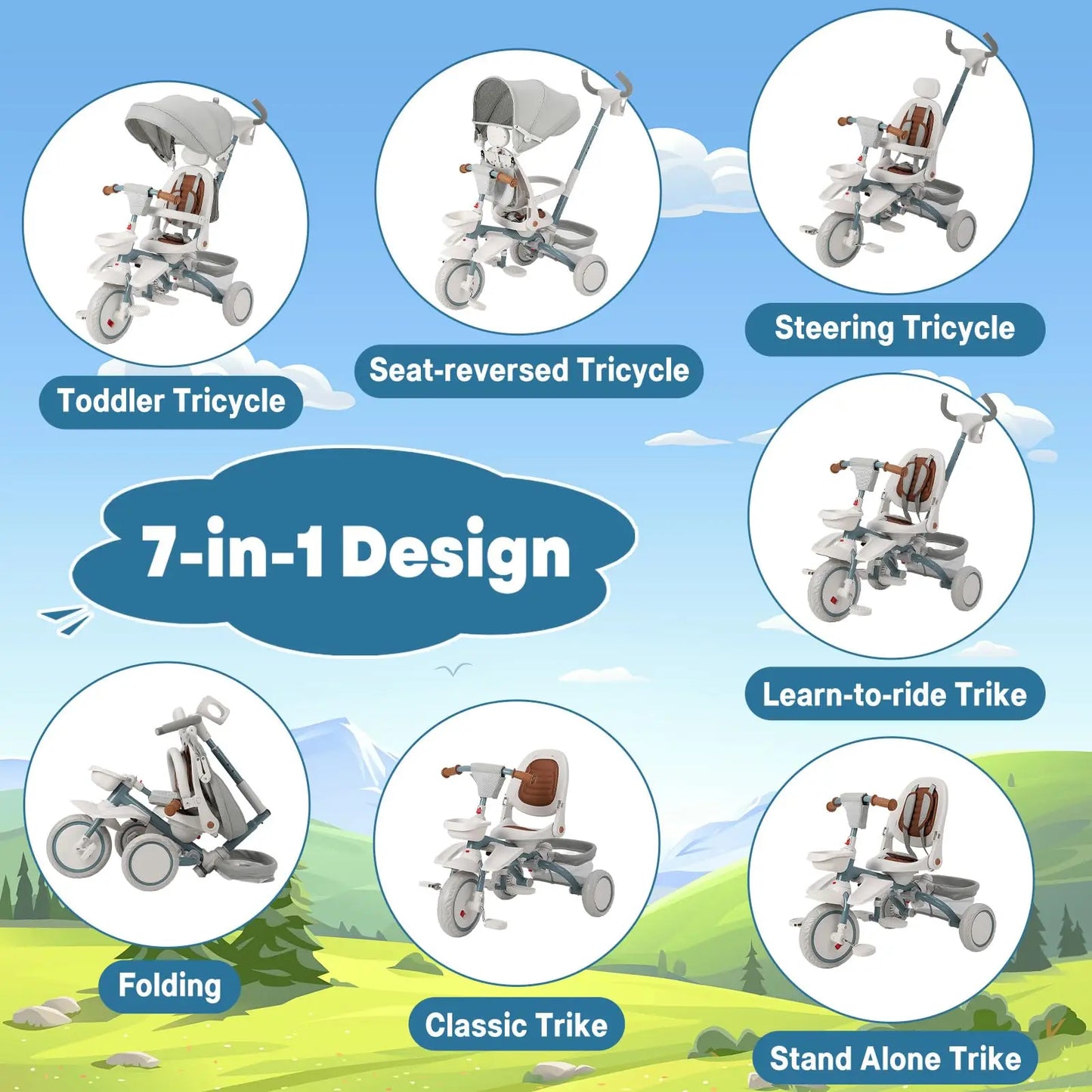 Foldable Tricycle - Stroller /  7-in-1 Toddler Tricycle Stroller / 1-6 Years  /  Baby Trike /  Safety Harness /  Adjustable