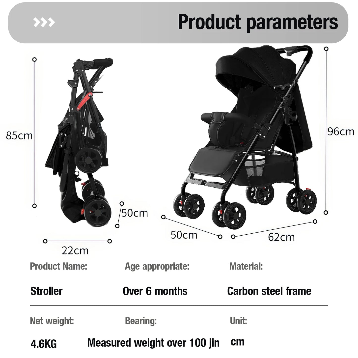 2 in 1 Baby Stroller  / Lightweight / Foldable  /  5-Point Safety Seat Belt / Reclines fully / Shock Absorbers / One Hand Fold-Up /  Basket & Zipper Pockets /  Use Winter &  Summer  /  Travel /  Canopy