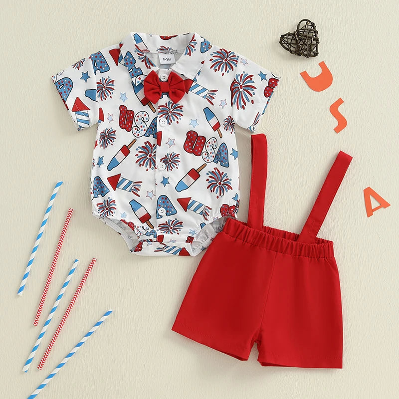 Infant-Toddler Boys / Independence Day   /  Short Sleeve Bowtie Romper & Suspender Shorts Set  /  Infant Clothing for 4th of July