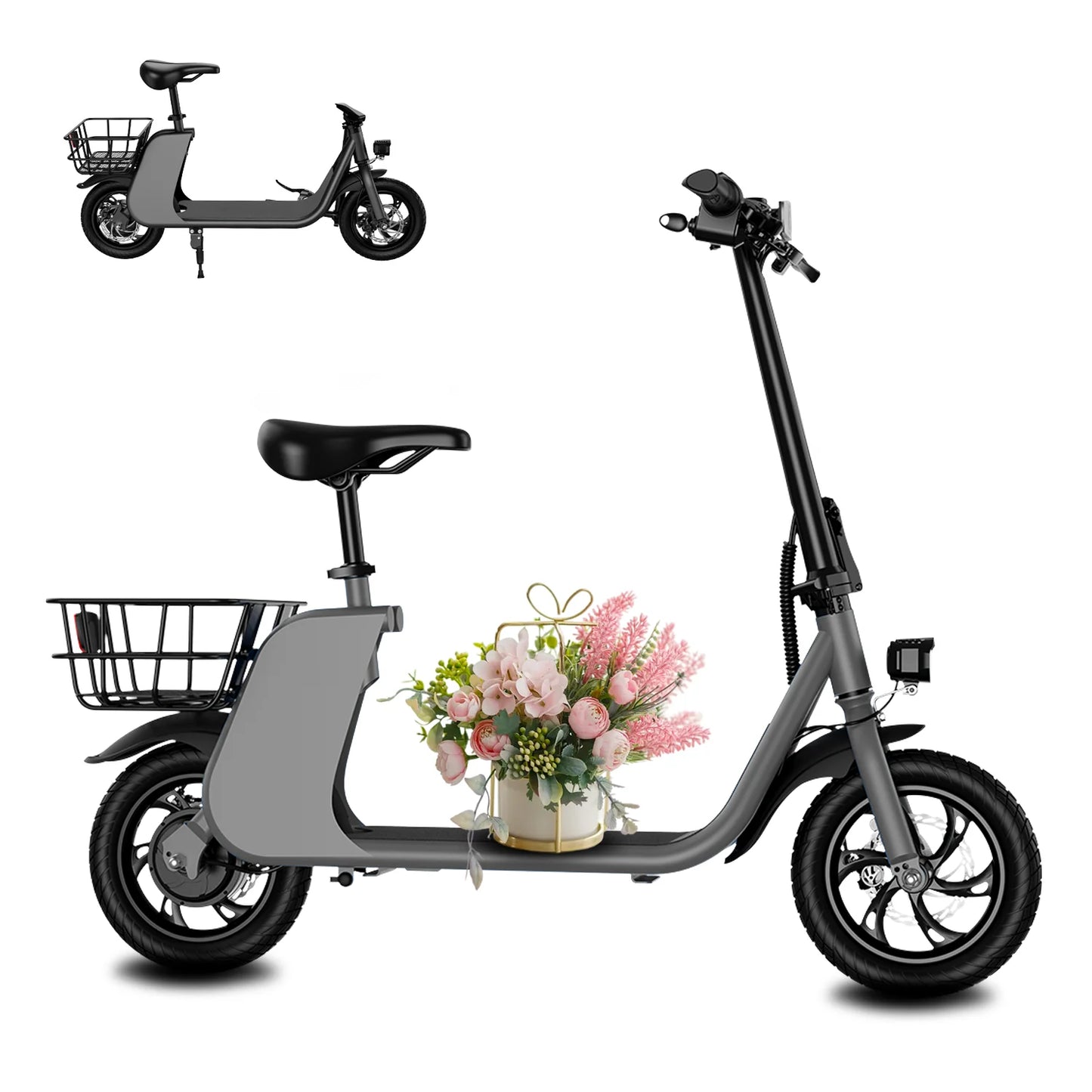 450W Adult Electric Scooter  /   15.5 mph  /  with Seat and Shopping Basket /  Suitable for Females /   Electric Scooter for Urban Commuting
