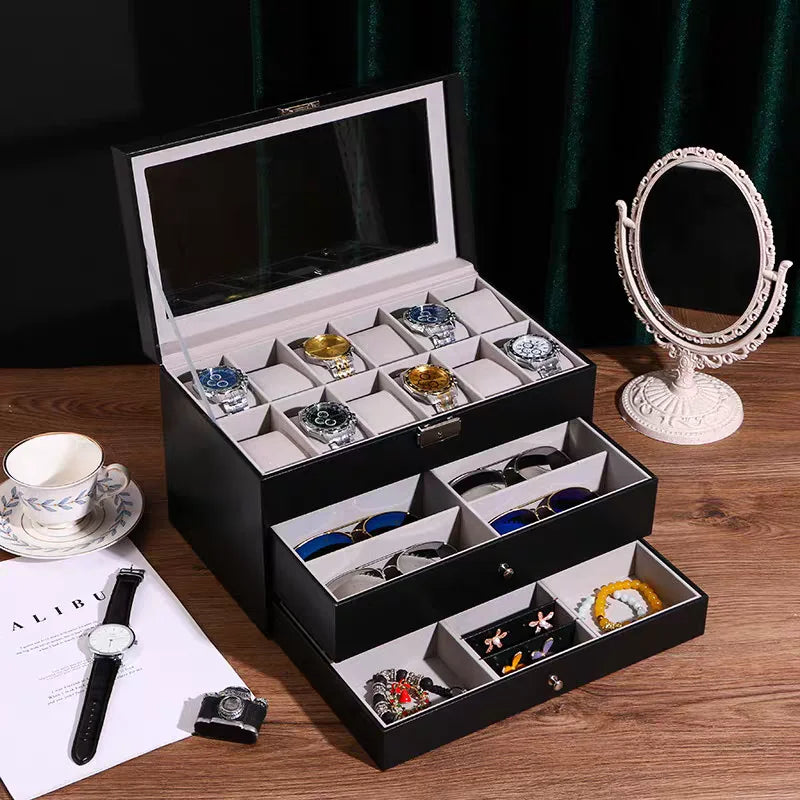 3-Layer Black Leather Jewelry Box /  Metal Key Lock / Storage  Organizer for Jewelry, Watches, Eyeglasses & Sunglasses / Box With Display Drawer / Metal Buckle Case / Organizer