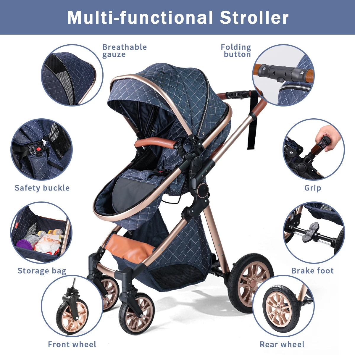 Baby Stroller / Portable and Foldable / can be pushed in both directions / 5-Point Seat Belt / Push Button
