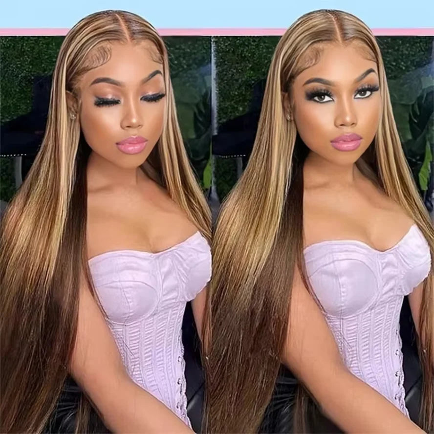 **40 42 46 Inch P4/27 Highlight Ombre Brown / Bone Straight Human Hair  13x6 HD Lace Front Wig / Honey Blonde Colored Wigs For Women