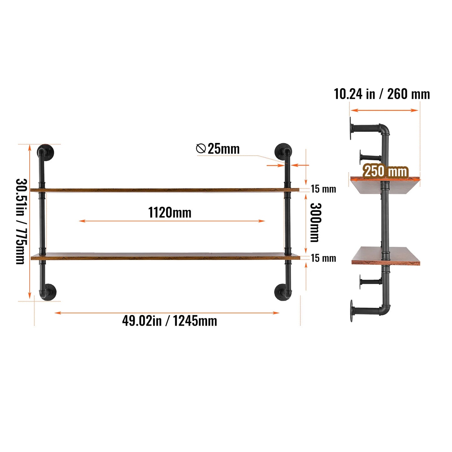 **Industrial Pipe Shelf / Wall-Mount Floating / Rustic Wood Shelves / Bracket Storage Rack for Kitchen Bedroom