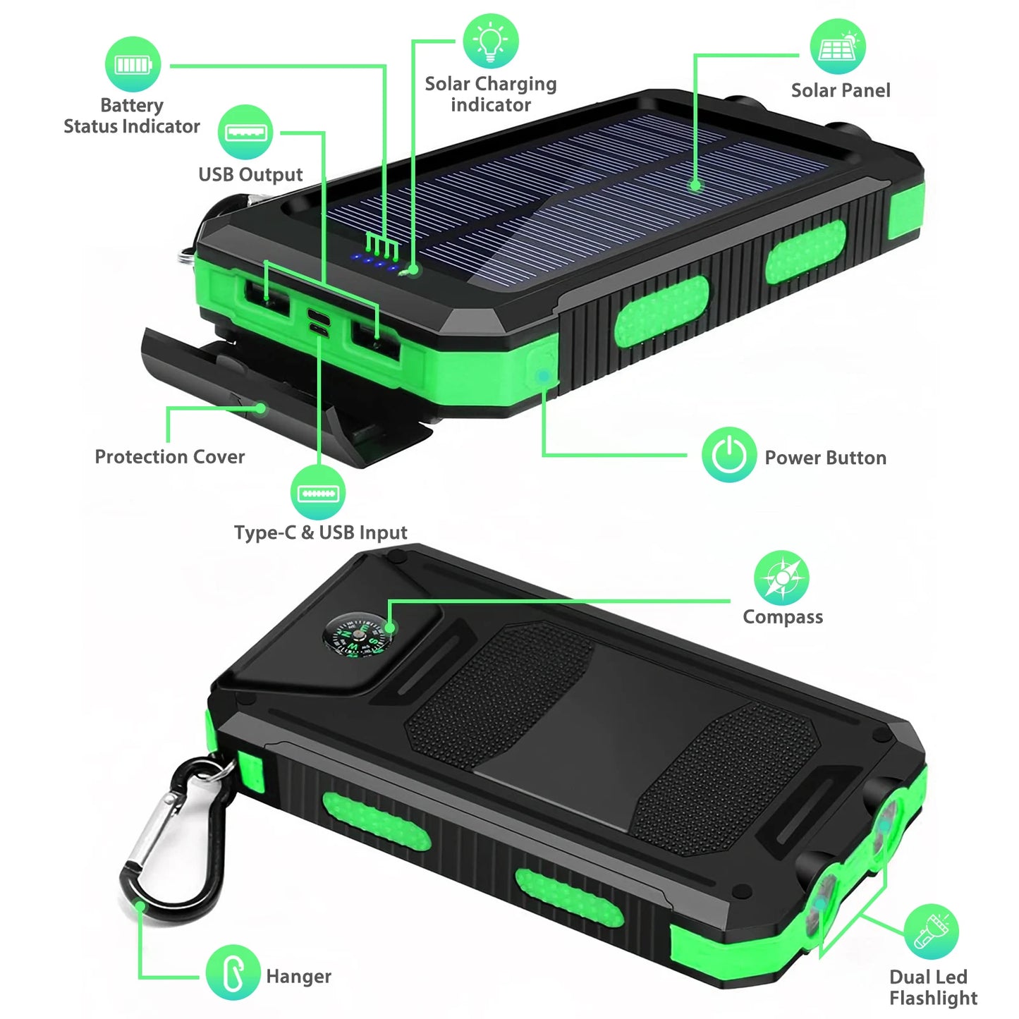 CM***10000mAh Solar Power Bank / Portable / Waterproof / Outdoor Dual 5V 1A USB Ports / Fast Charging LED Flashlight for iPhone Tablets