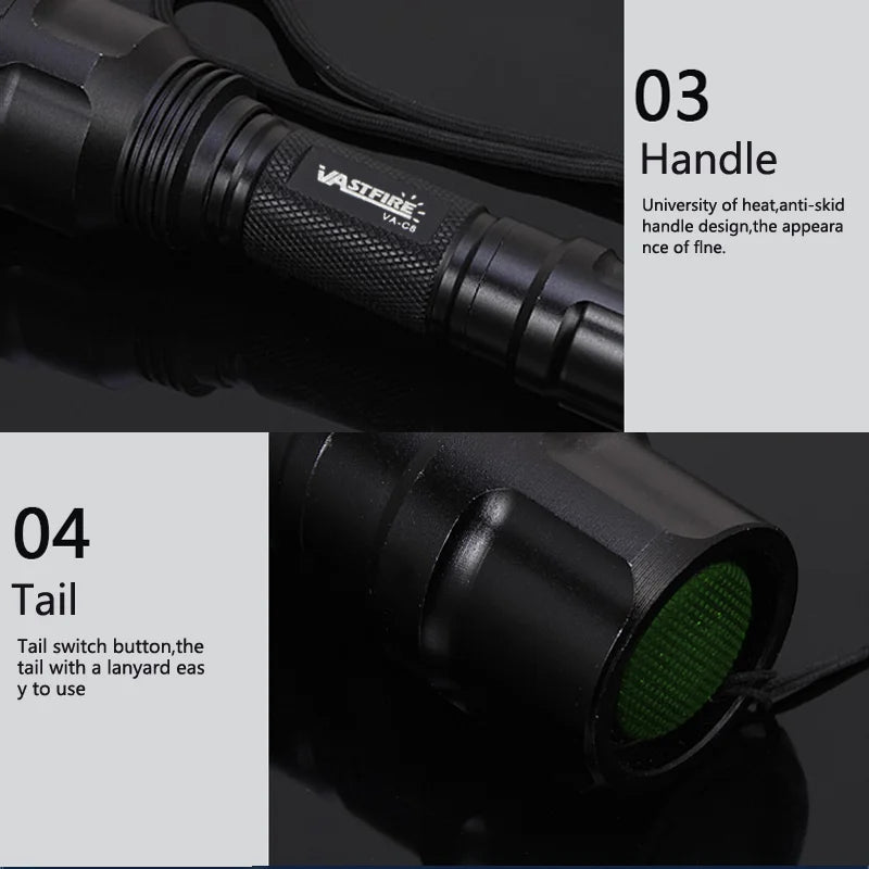 Green LED Hunting Flashlight /  Tactical  /  1-Mode USB Rechargeable Weapon Light With Press Switch Power by 18650 Battery