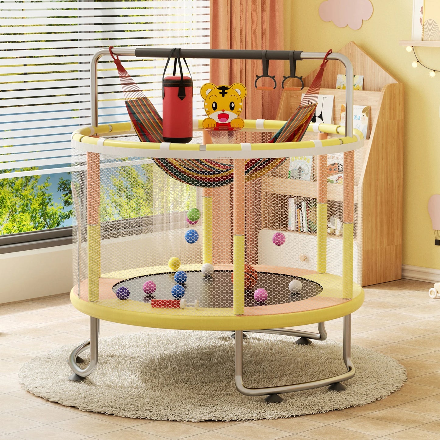 5FT Kids Trampoline, Adjustable Baby Toddler Trampoline with Basketball Hoop, Swing, Sandbag, Ocean Balls