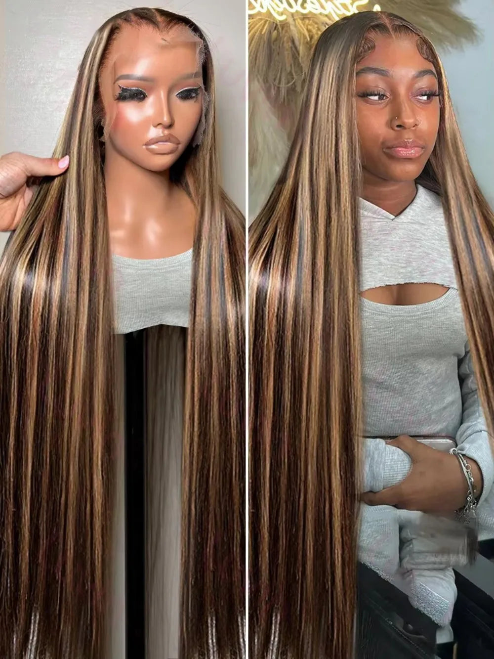 **40 42 46 Inch P4/27 Highlight Ombre Brown / Bone Straight Human Hair  13x6 HD Lace Front Wig / Honey Blonde Colored Wigs For Women