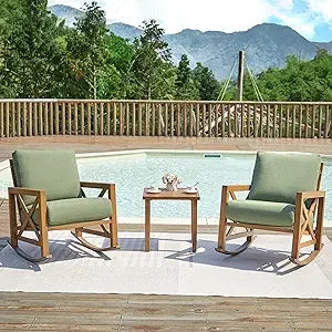 Rocking Bistro Set  /  7 Piece Outdoor Patio Conversation Furniture Set with 2 Rockers and 1 Metal Coffee Table with Thick Comfortable Cushions