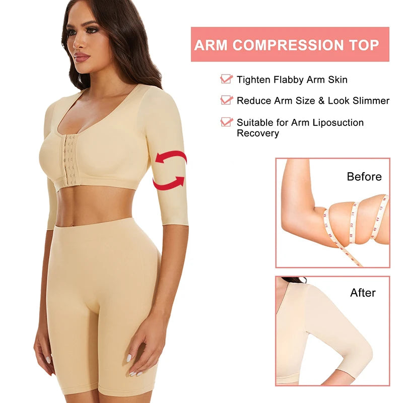 **Upper Arm Shaper Sleeve Compression Top / Women / Push Up Breast / Post Surgery / Front Closure Bra Shapewear / Back Support Cropped Tops
