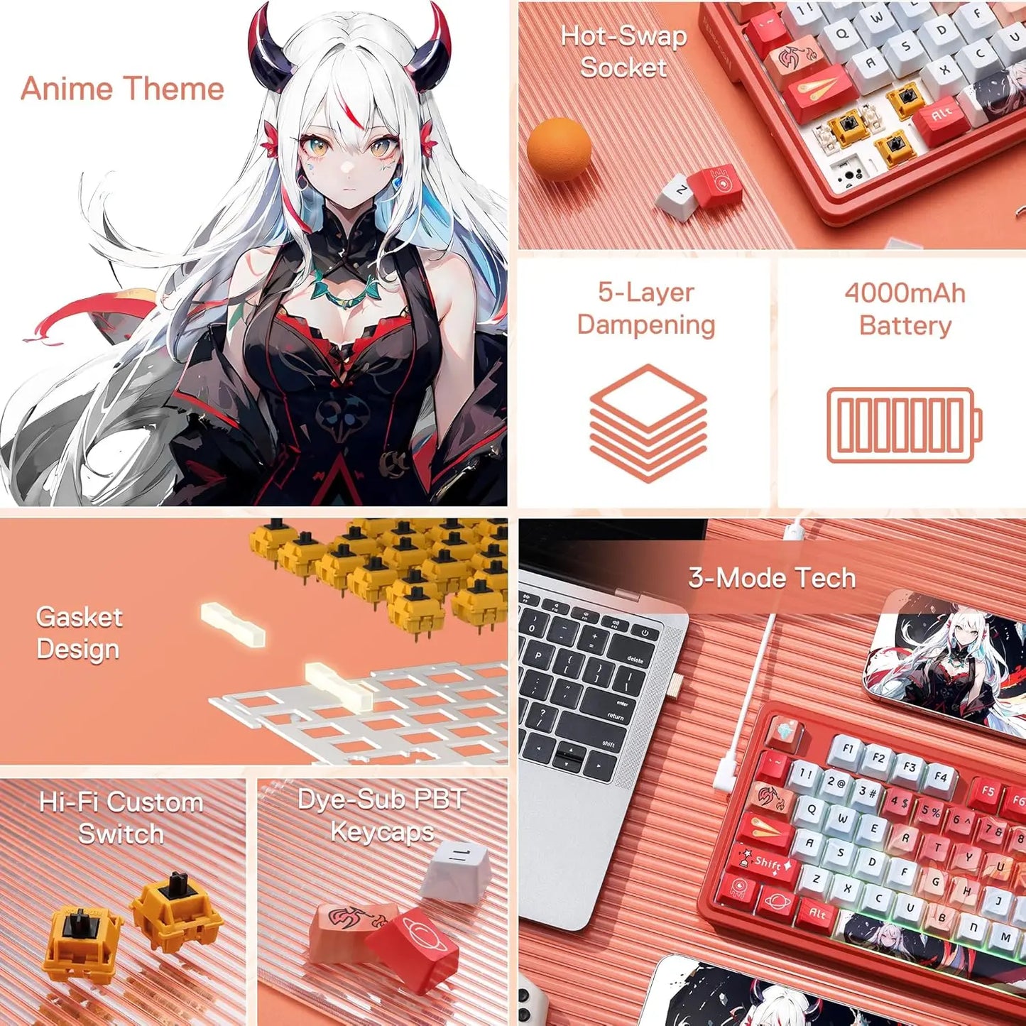 Redragon K673 PRO SE / 81 Keys / Wireless / RGB 3-Mode Anime Mechanical Hot-Swap Socket Gaming Keyboard / Custom Hi-Fi Linear Switch