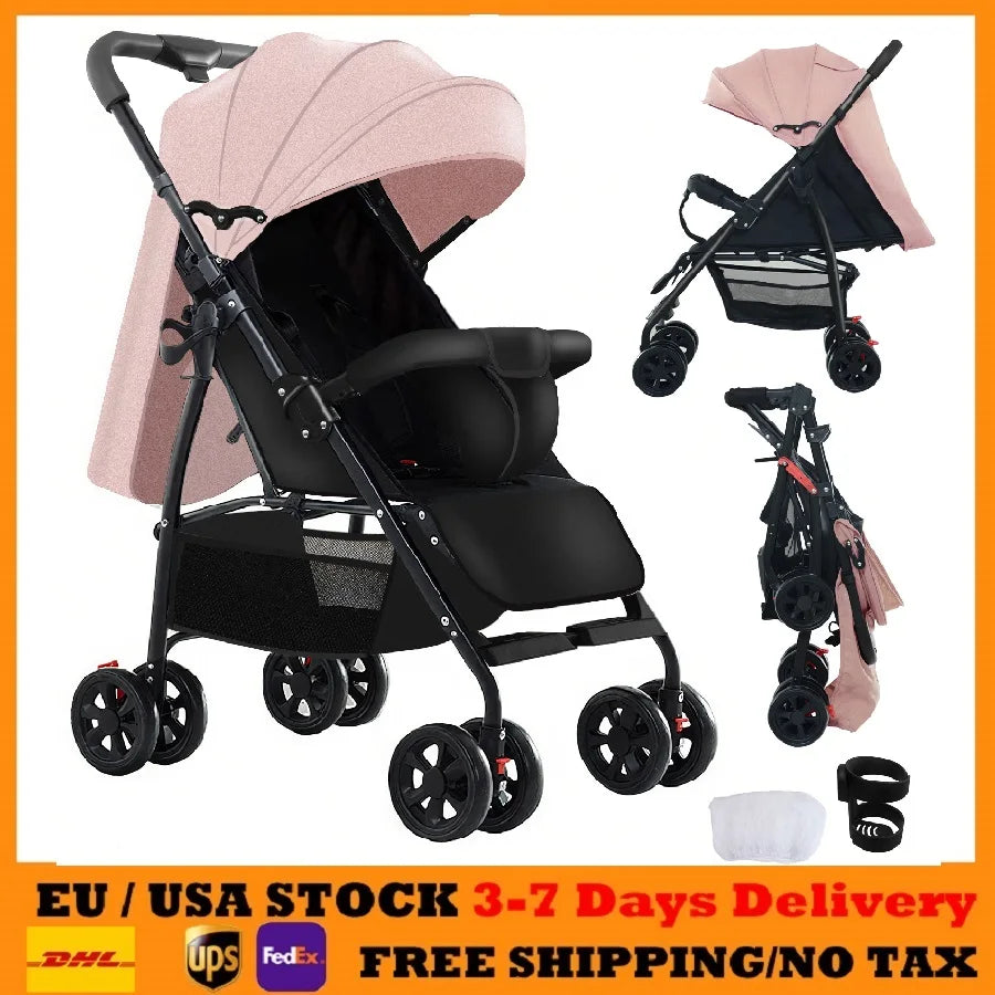 2 in 1 Baby Stroller  / Lightweight / Foldable  /  5-Point Safety Seat Belt / Reclines fully / Shock Absorbers / One Hand Fold-Up /  Basket & Zipper Pockets /  Use Winter &  Summer  /  Travel /  Canopy