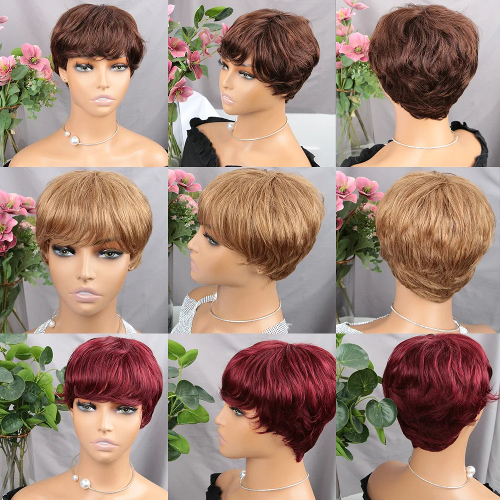Short Pixie Cut Wig  /  Human Hair /  For Black Women /  Machine Made Wigs With Bangs /  Colored Brazilian Wig /  Human Hair Wigs