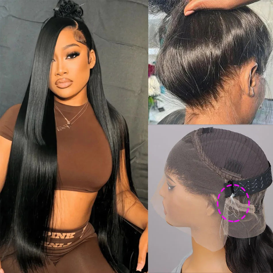 Invisi-Strap 360 Glueless Full Lace Front Wigs / Human Hair / HD Straight / 13x4 Lace Frontal Wig / Pre=Plucked Drawstring Wig for Women