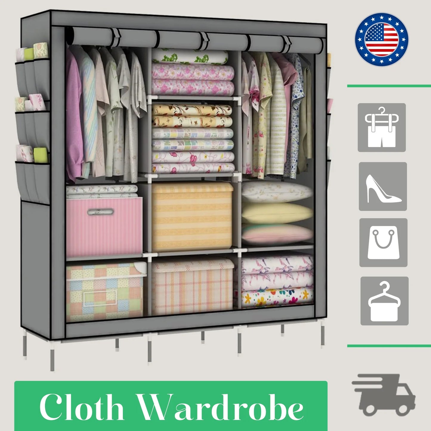 Garment Rack / Closet Wardrobe Organizer / Storage Rack / Portable Clothes, Shoes and Accessories Closet / Dustproof /  Non-woven Fabric / Quick and Easy to Assemble