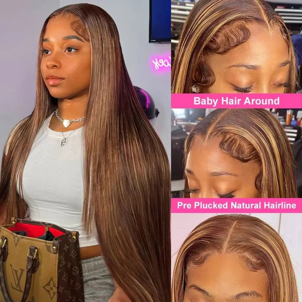 **40 42 46 Inch P4/27 Highlight Ombre Brown / Bone Straight Human Hair  13x6 HD Lace Front Wig / Honey Blonde Colored Wigs For Women