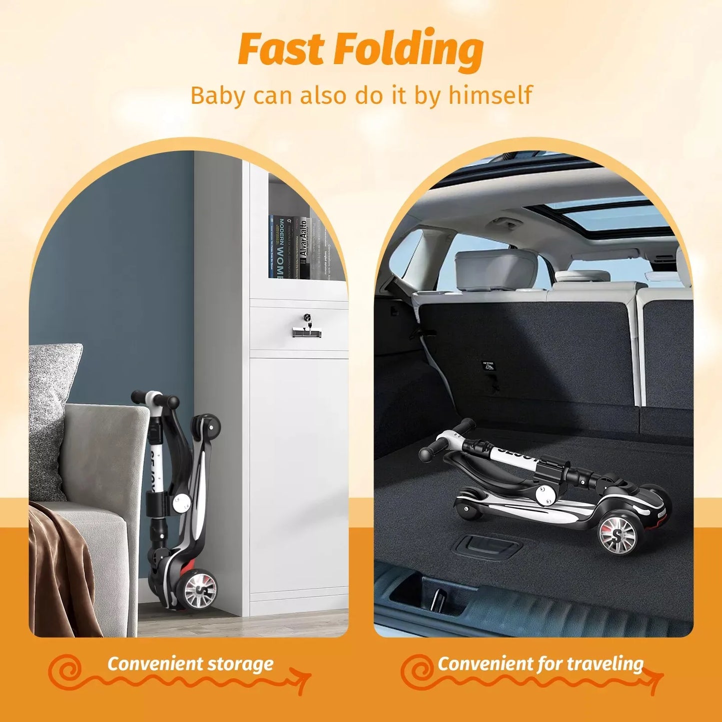 Toddler Kick Scooter /  Children's'  Fold-down-Seat Balance Scooter /  Adjustable Height/Handlebars /  Balance Scooter / Illuminated Wheels /  Ages 3-12