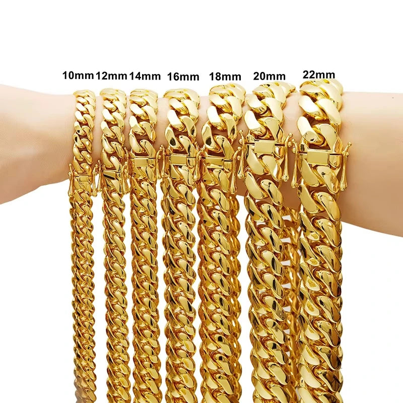 **8-22mm Hip Hop Bling / Gold Color Stainless Steel / Dense Cuban Miami Link Chain Necklaces / 18k Gold-plated Jewelry