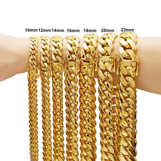 **8-22mm Hip Hop Bling / Gold Color Stainless Steel / Dense Cuban Miami Link Chain Necklaces / 18k Gold-plated Jewelry