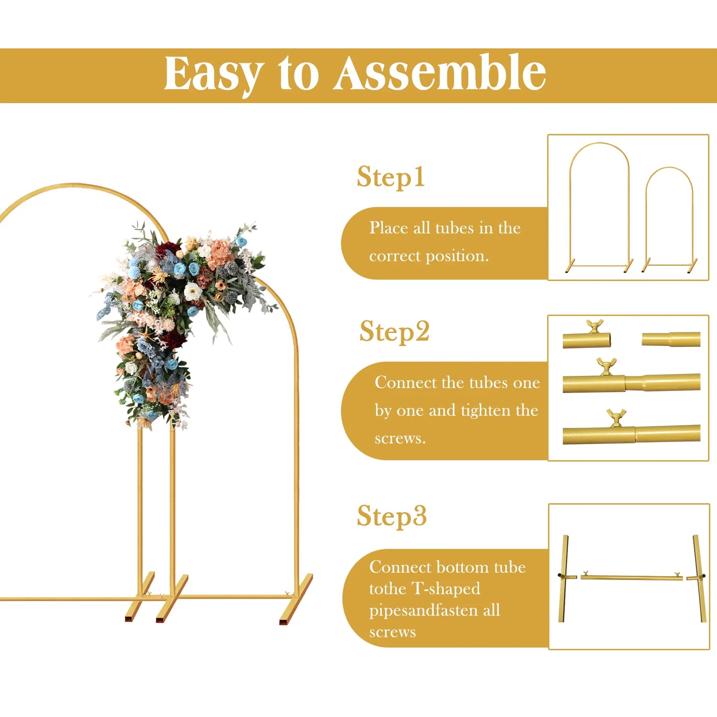 Set of 2 Gold Metal Arch Backdrop Stands /  Wedding Arch Frame / for Wedding. Birthday Party, Baby Shower, Graduation Ceremony