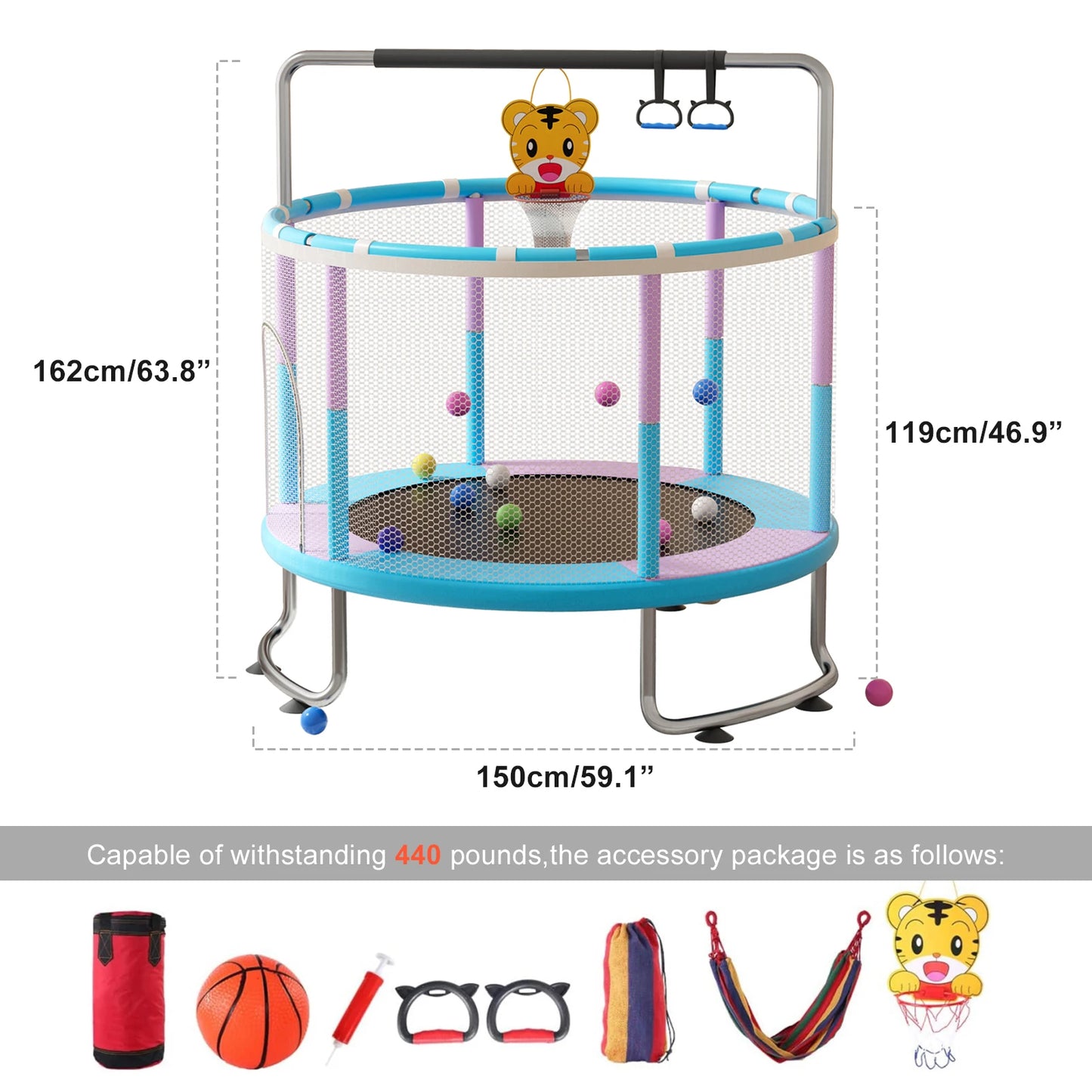 5FT Kids Trampoline, Adjustable Baby Toddler Trampoline with Basketball Hoop, Swing, Sandbag, Ocean Balls