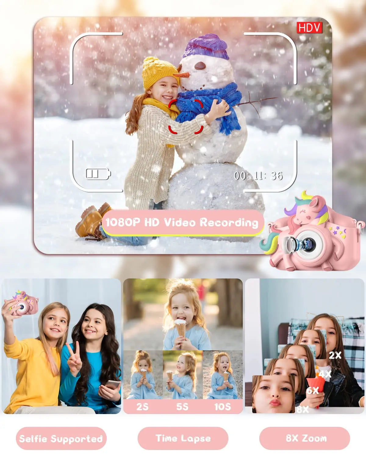 2.0" Kid's Camera 20MP 1080P HD  / Toddle Selfie Camera / Cute Cartoon Digital Camera Toy / 32GB Card  /  Rechargeable /  Gift For Girls & Boys