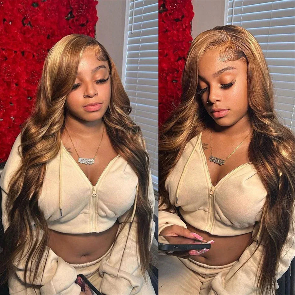 **Highlight Body Wave Wig / Brazilian Human Hair Wigs For Black Women / 13x4 Honey Blonde Lace Front Wig / 13x6 HD Lace Frontal Wig