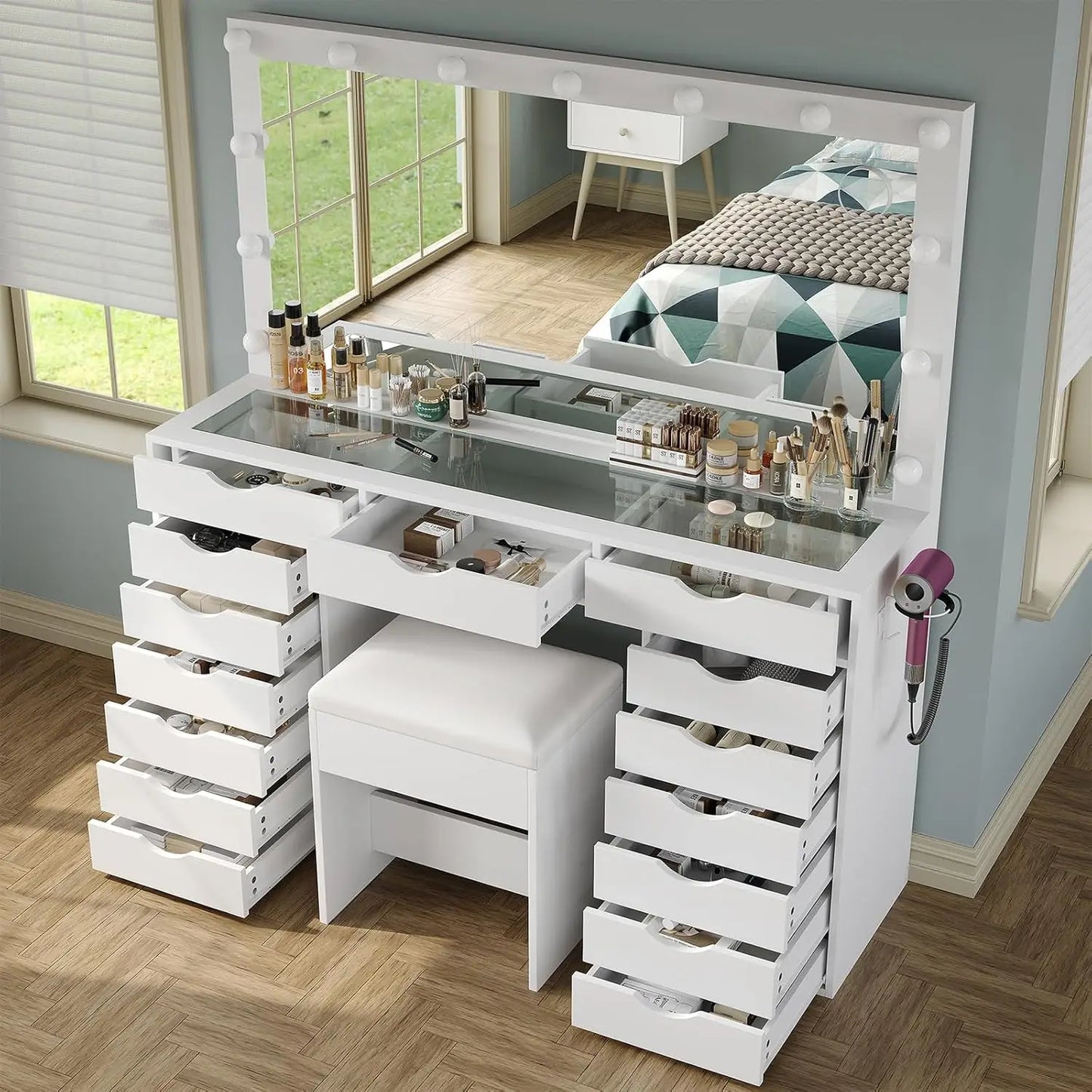 Vanity Desk with Mirror and Lights /  Makeup Table with Charging Station  /  3 Color Lighting Modes /  15 Drawers   /  Dressing Table