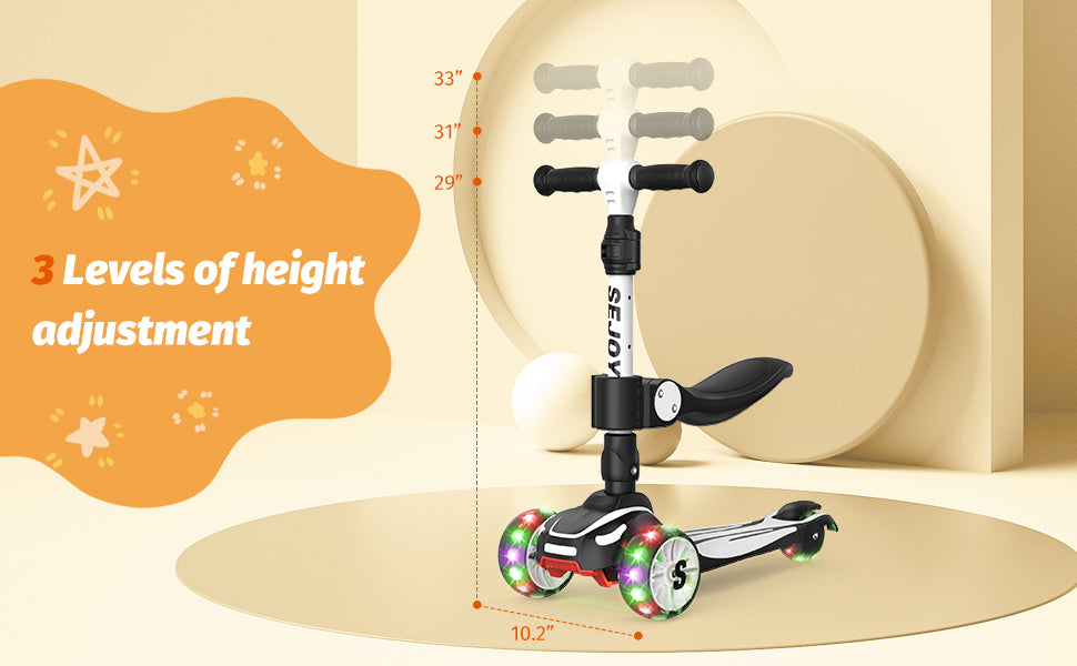 Toddler Kick Scooter /  Children's'  Fold-down-Seat Balance Scooter /  Adjustable Height/Handlebars /  Balance Scooter / Illuminated Wheels /  Ages 3-12